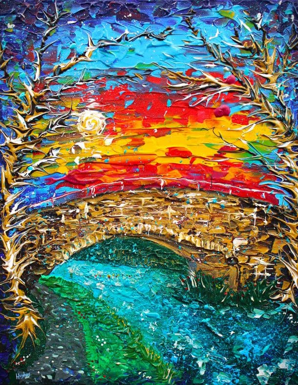 an artist, two art lovers and a bridge